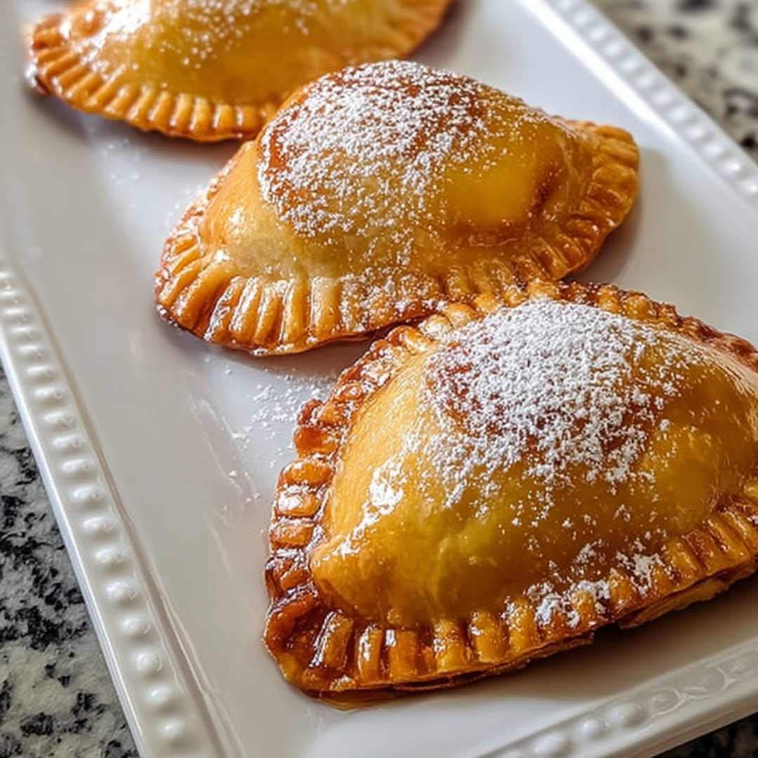 Three hand pies dusted in powdered sugar on a small plate.