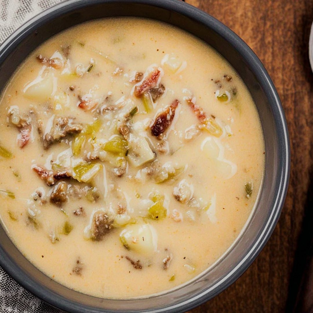Hearty bowl of soup with veggies and beef.