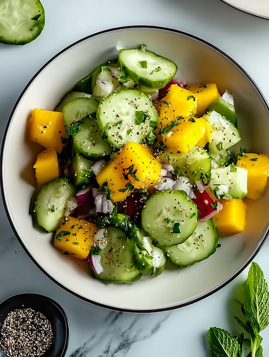 A bowl filled with diced cucumber, onion, and bell pepper.