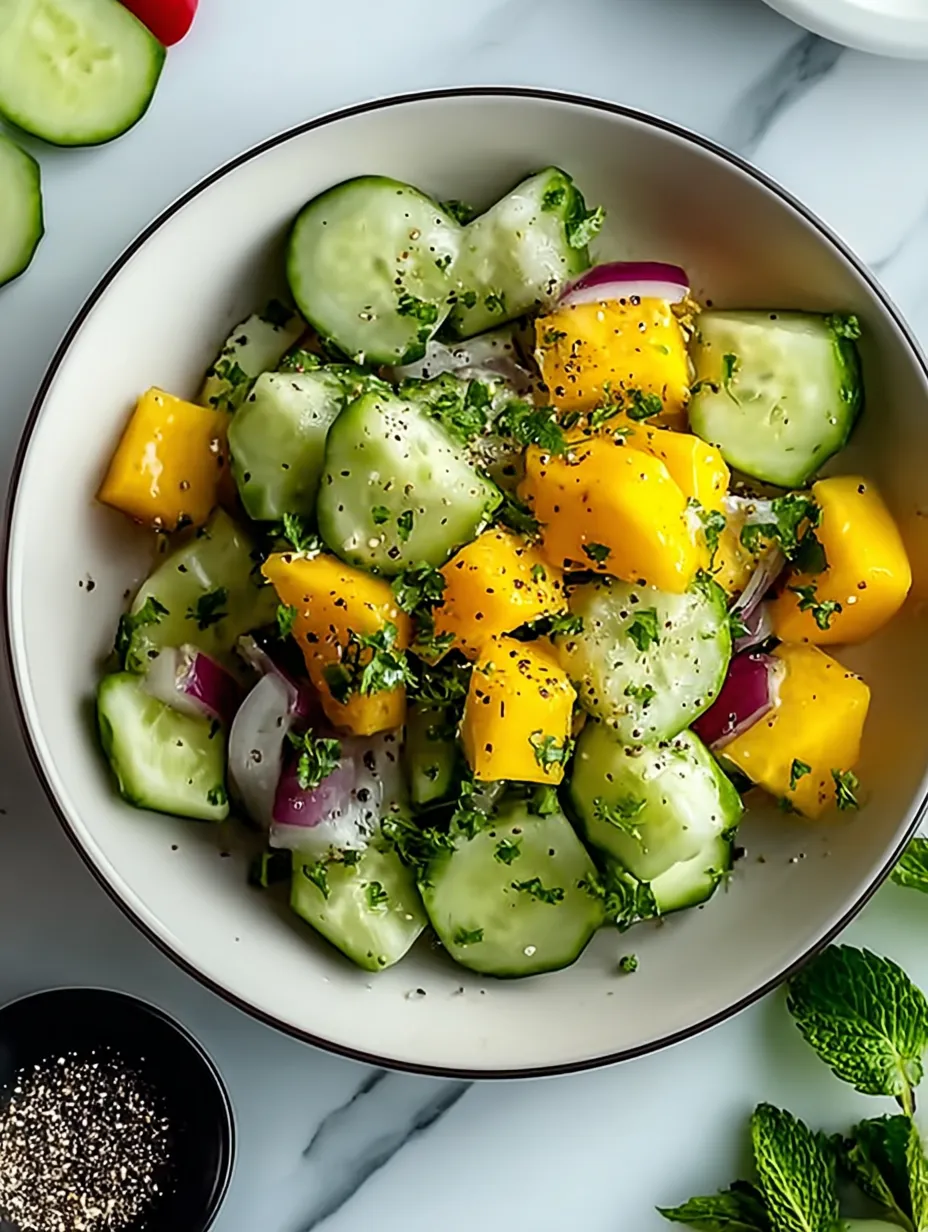 A bowl filled with diced cucumber, onion, and bell pepper.