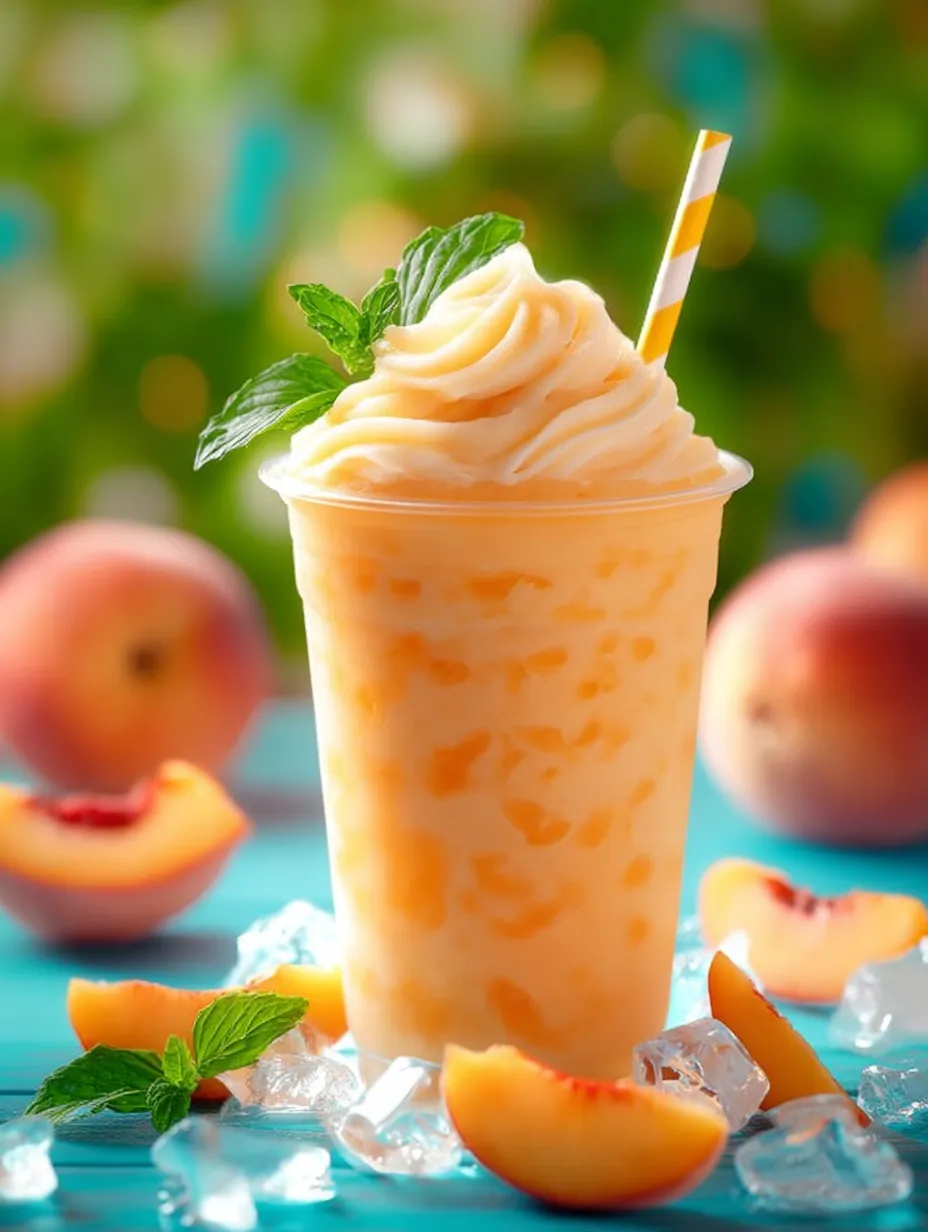 A glass bursting with peach smoothie and a straw in it.