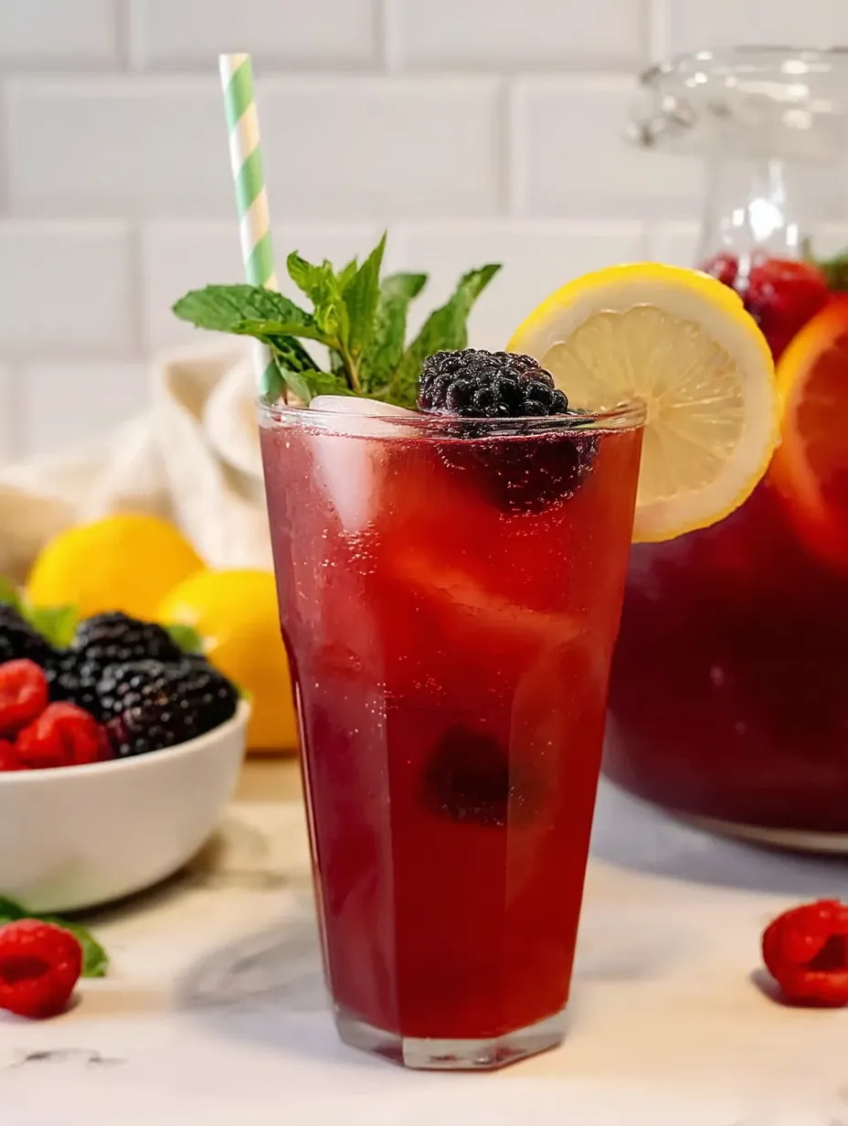 A tall glass with red-pink lemonade, lemon wedge, and mint sprig for garnish.