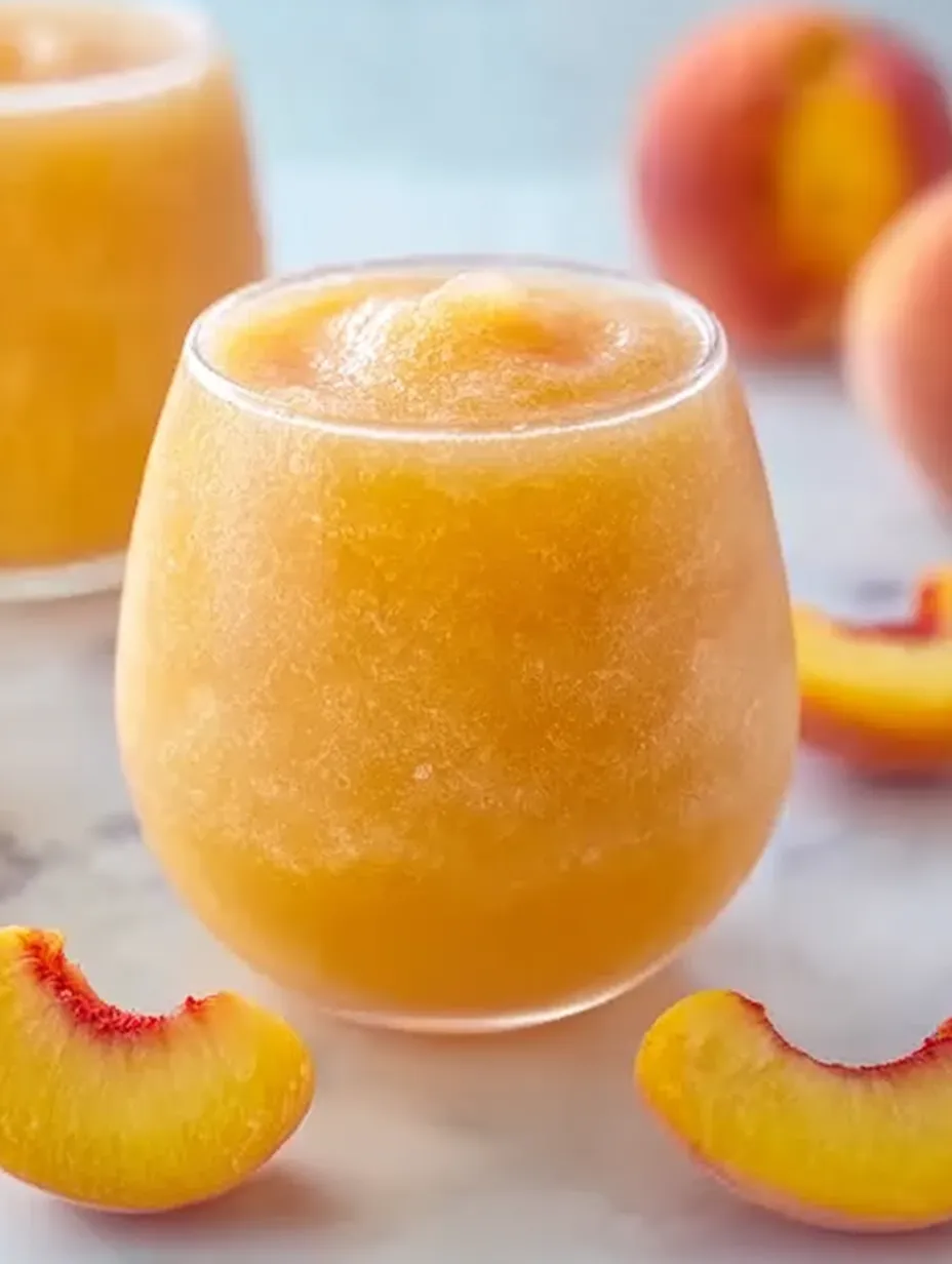 A glass filled with peach juice and peaches beside it.