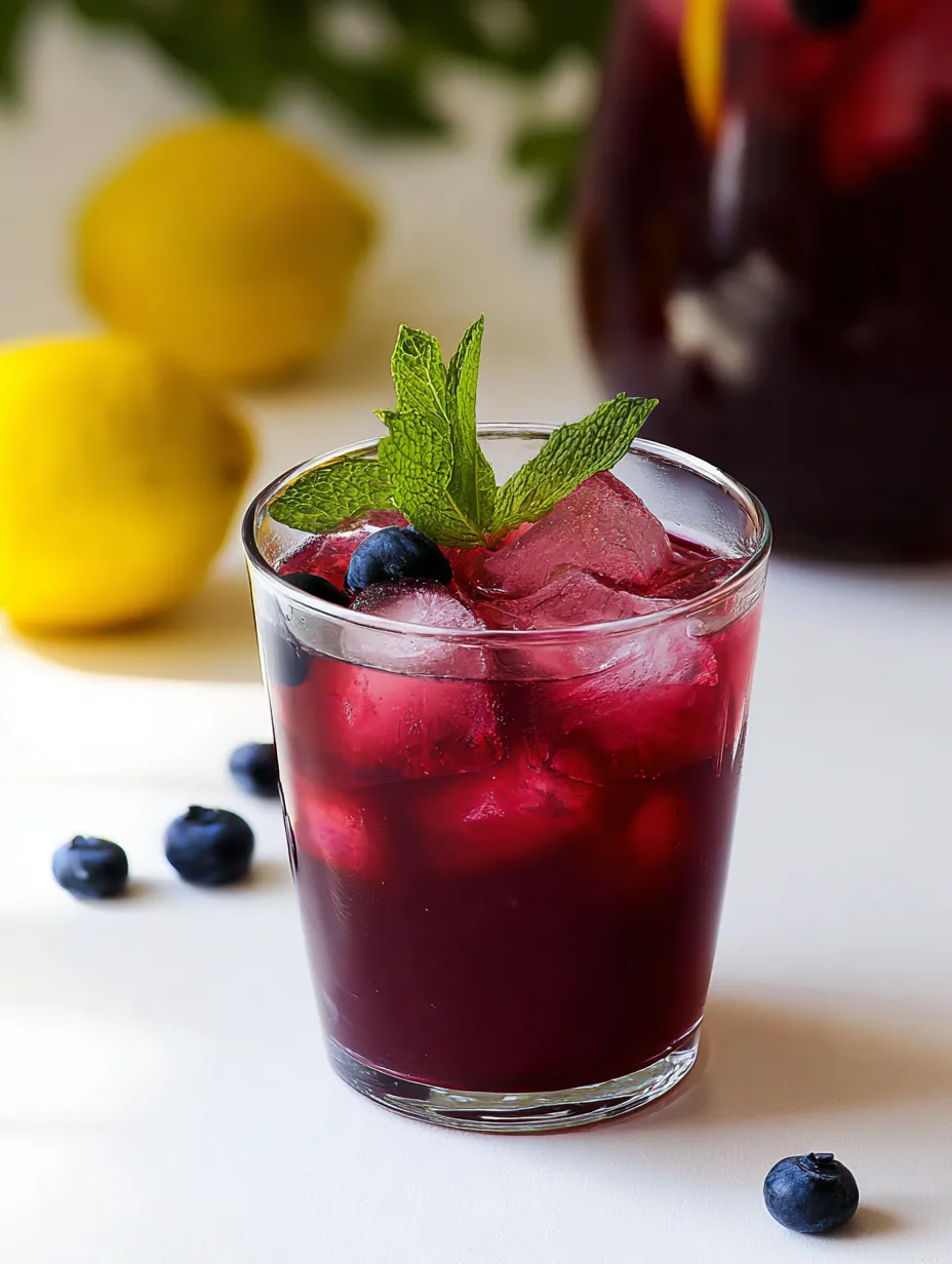 Blueberry lemonade in a glass with lemon wedge sitting close by.