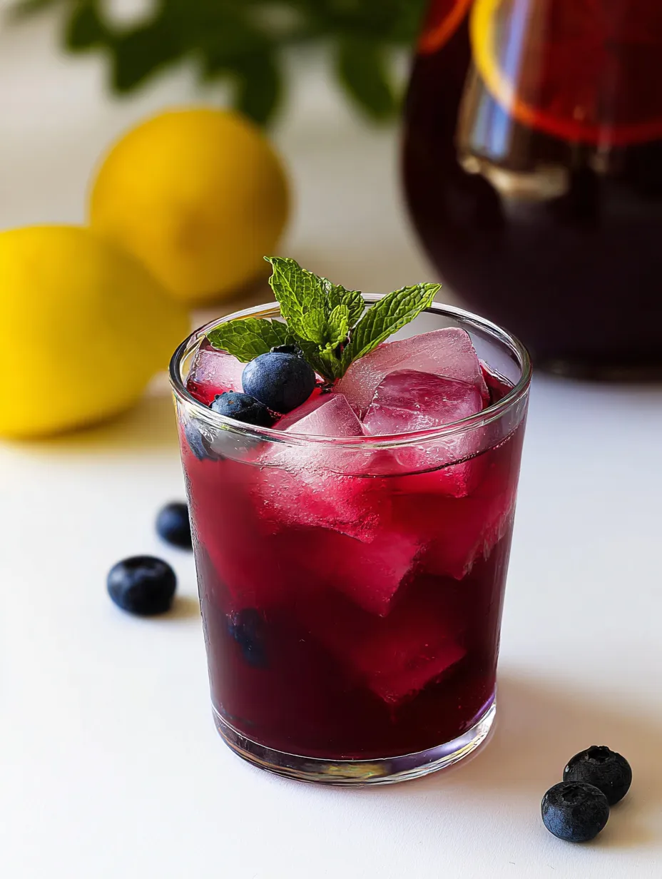 Blueberry drink in a glass with a lemon wedge up top.