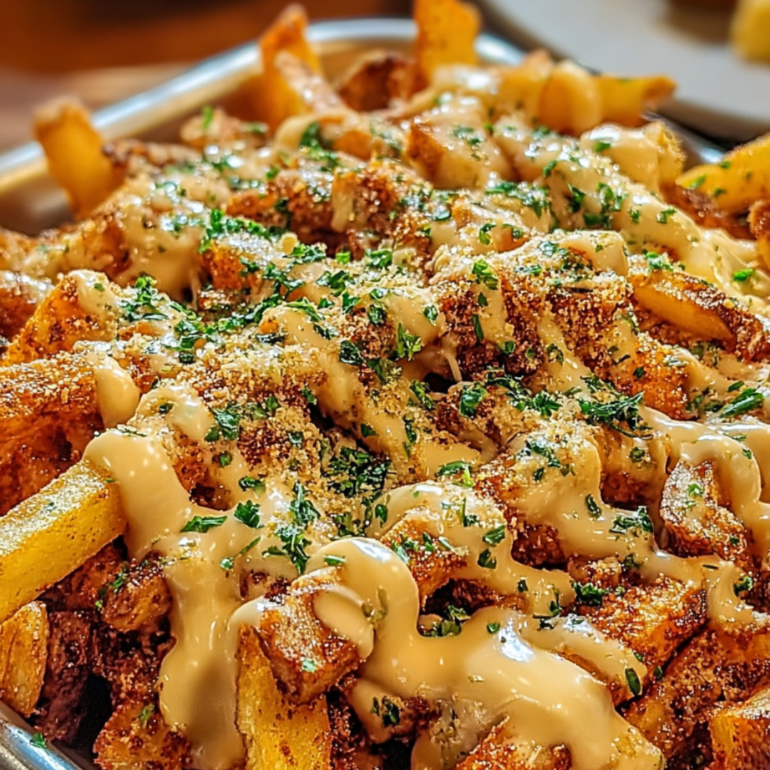 French fries covered in gooey cheese, scattered herbs, and jalapeno slices.