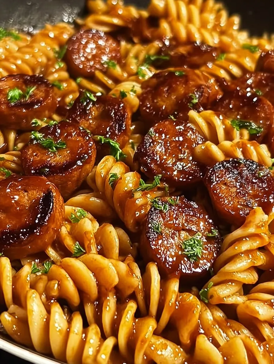 A plate piled with sausage and twisty pasta.