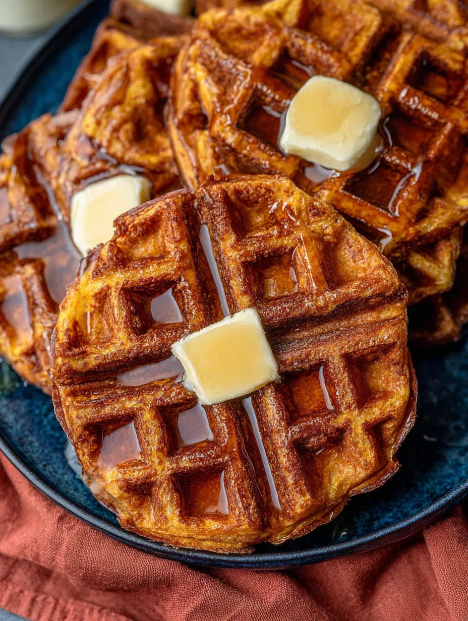 Two golden waffles with butter melting on top.