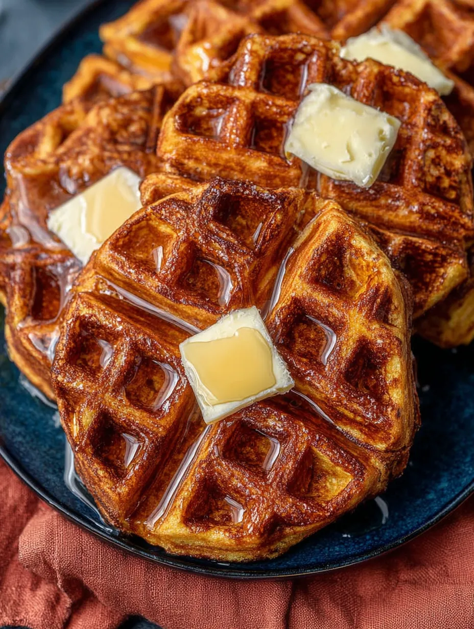 A plate filled with toasty waffles topped with melting butter.