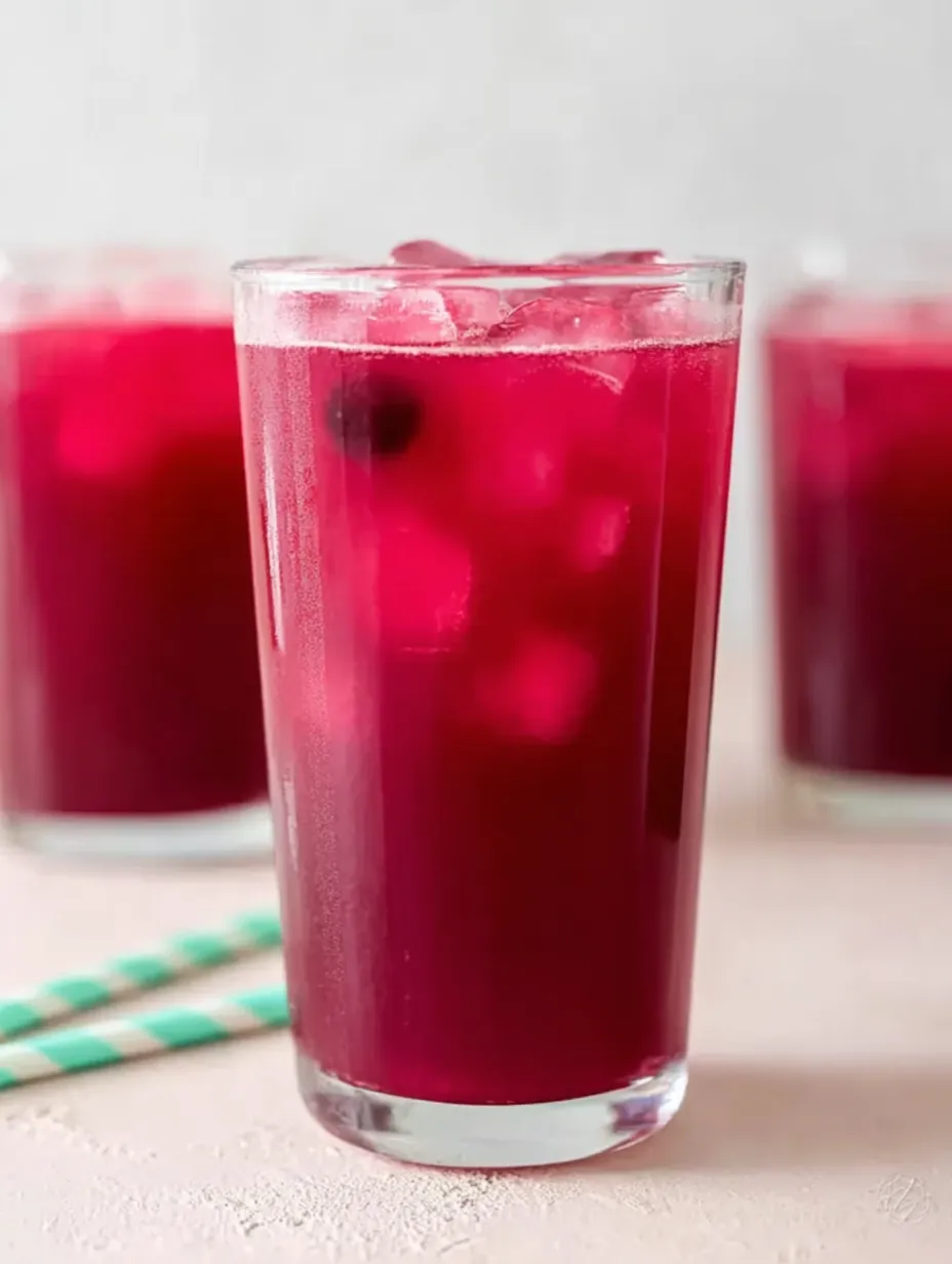 A cool glass with deep red juice served over clinking ice cubes.