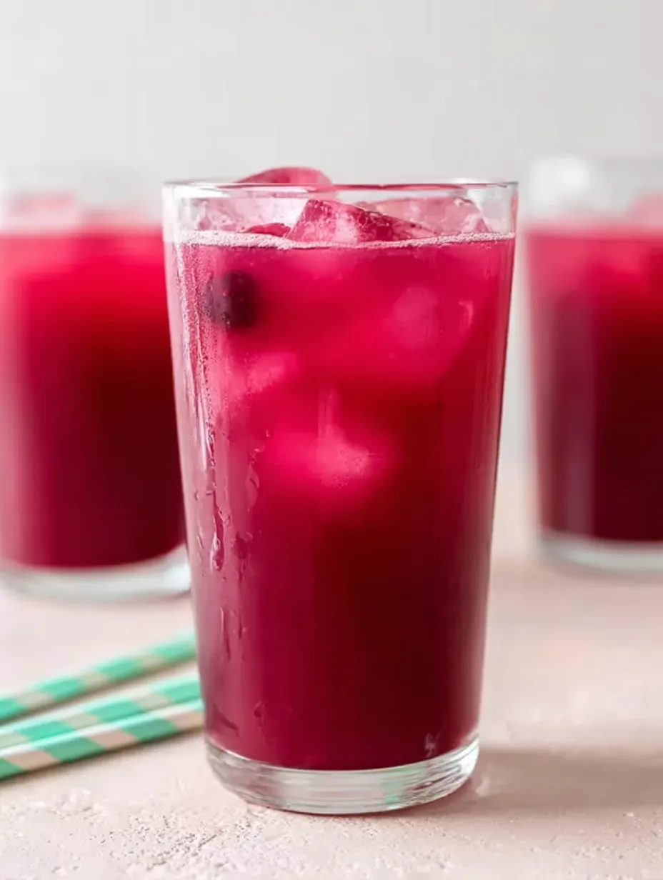 A glass full of bright red juice poured over ice.