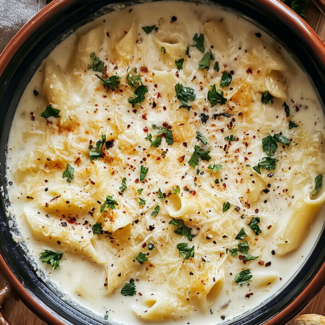 Pasta bowl topped with cheese and fresh herbs.