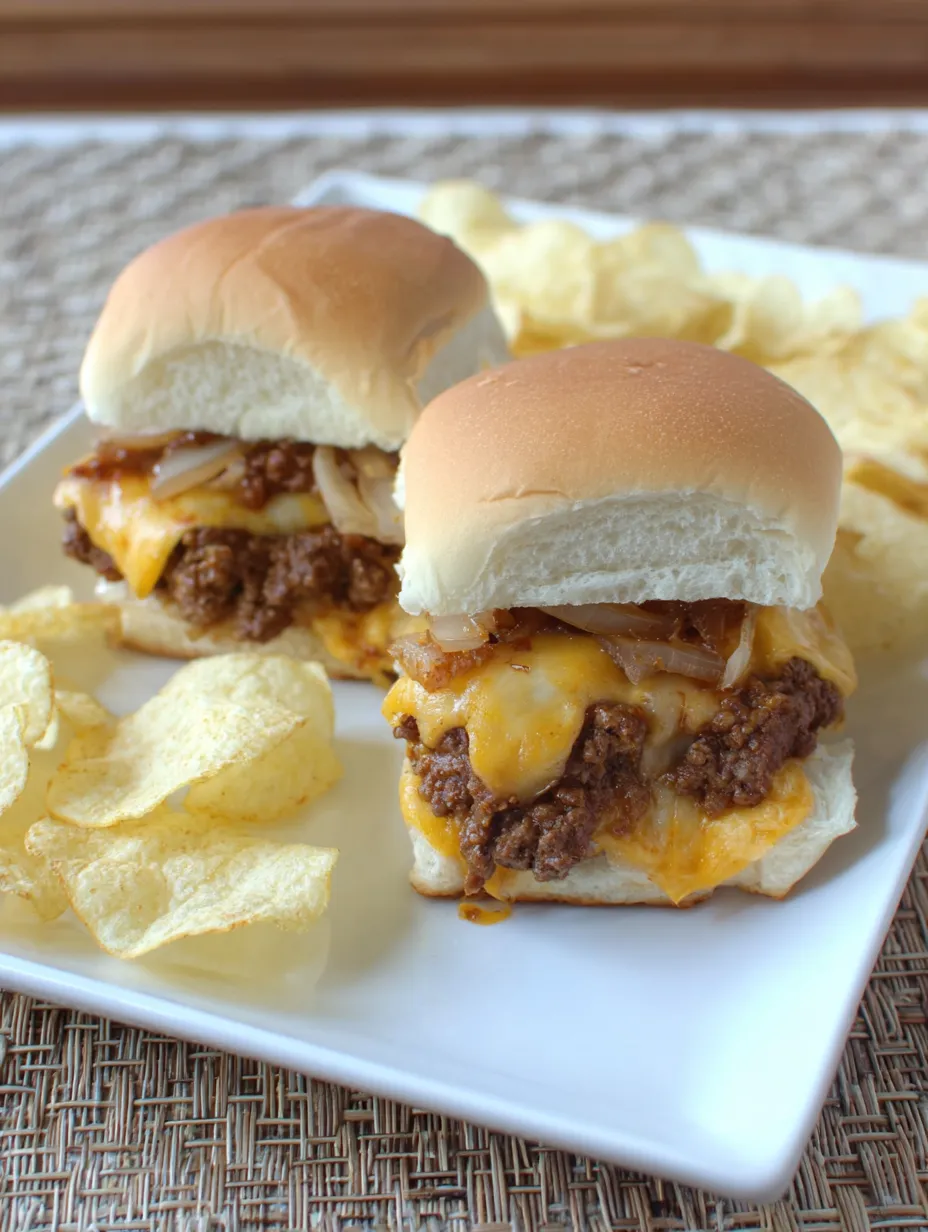 Cheesy mini burgers with onions on a dish.