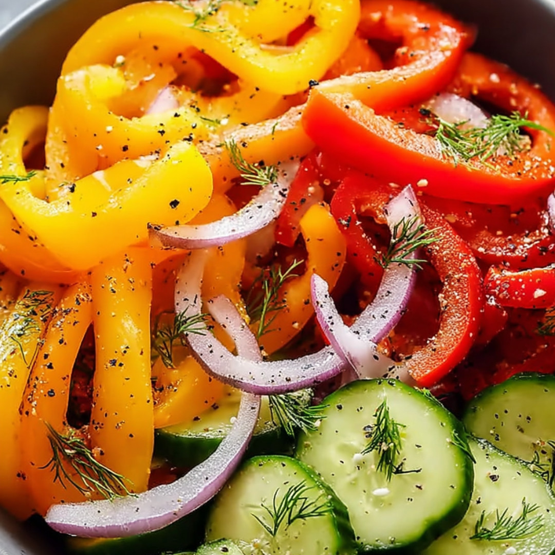 A bowl filled with cucumbers, peppers, and onions mixed together.