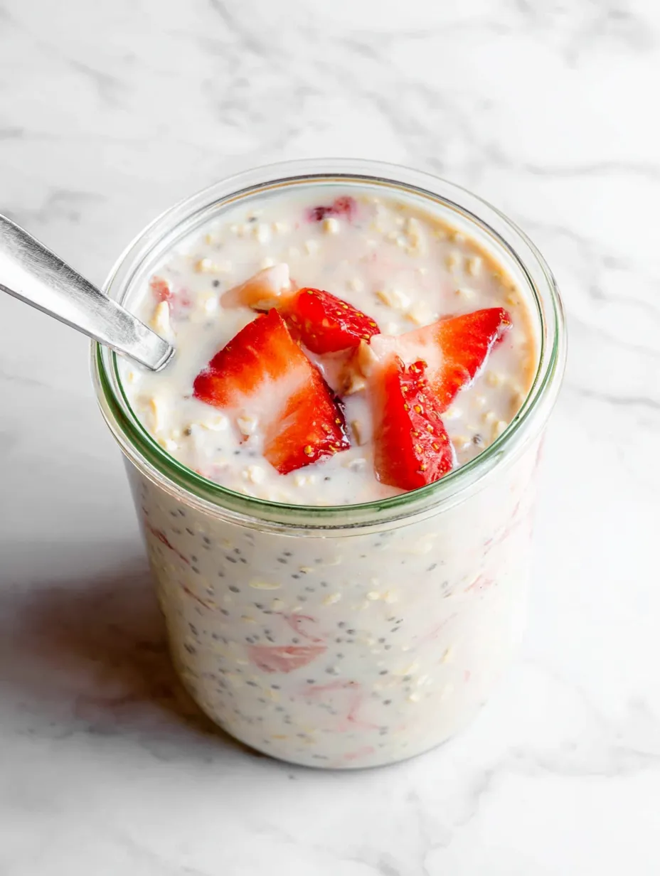 A tall glass layered with yogurt and strawberries.