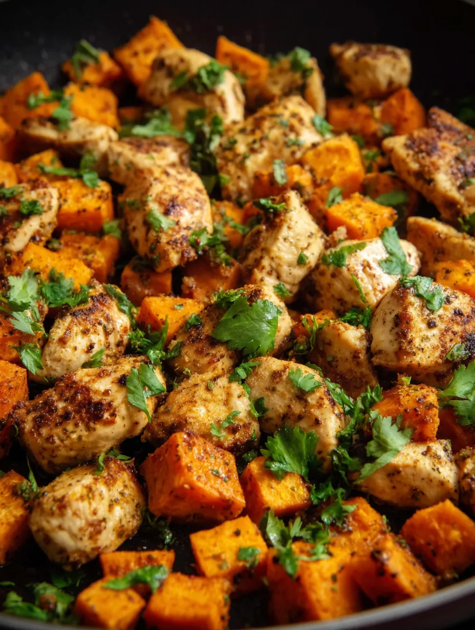 Chicken and veggies sizzling in a skillet.