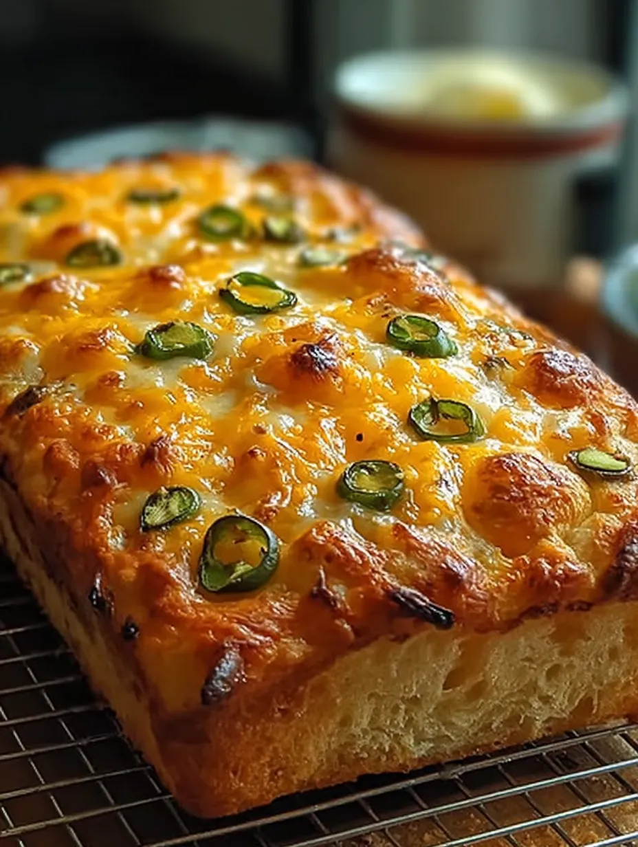 A cheesy, jalapeno-topped bread slice.