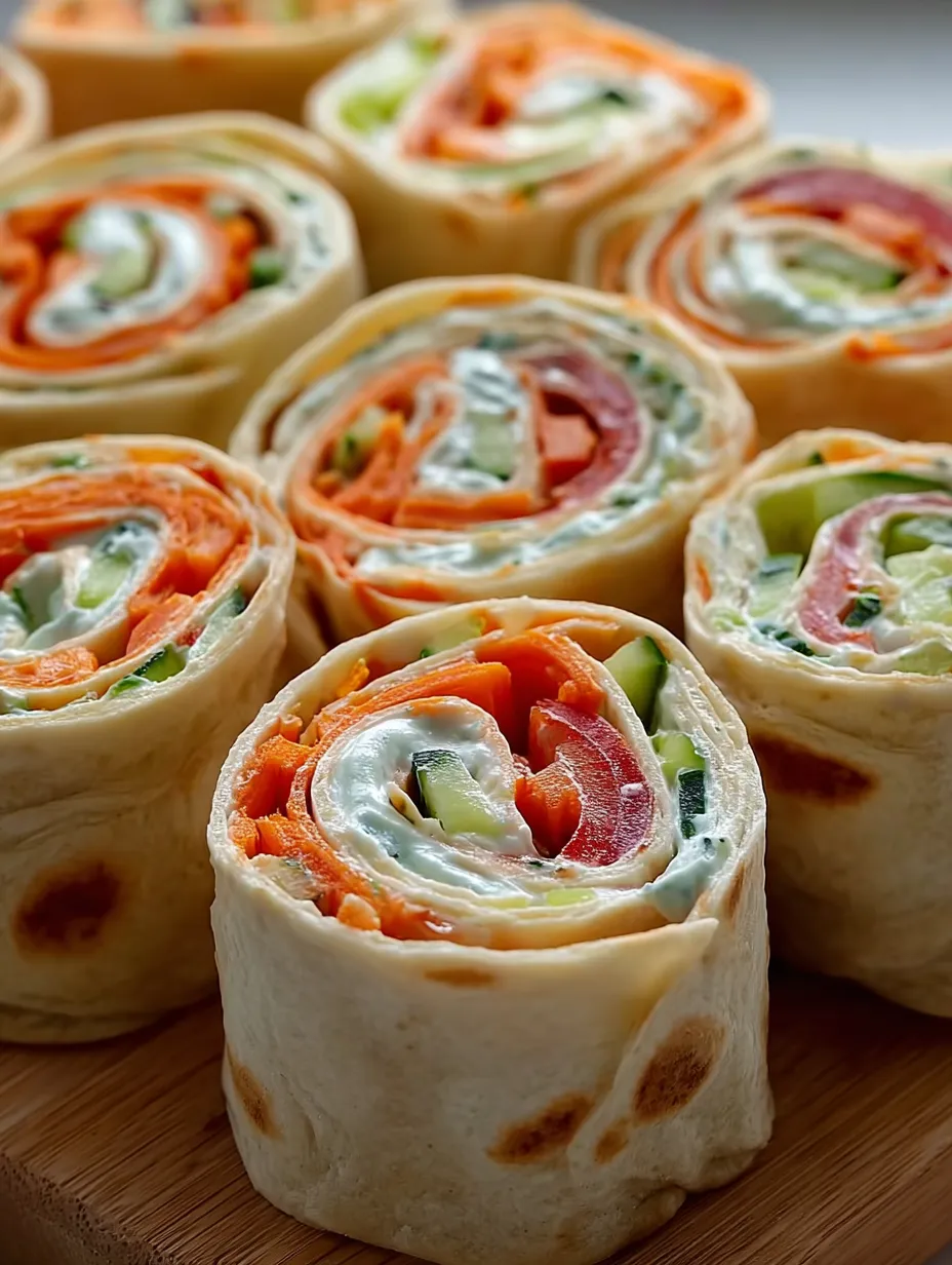 A colorful selection of veggie rolls on a serving board.