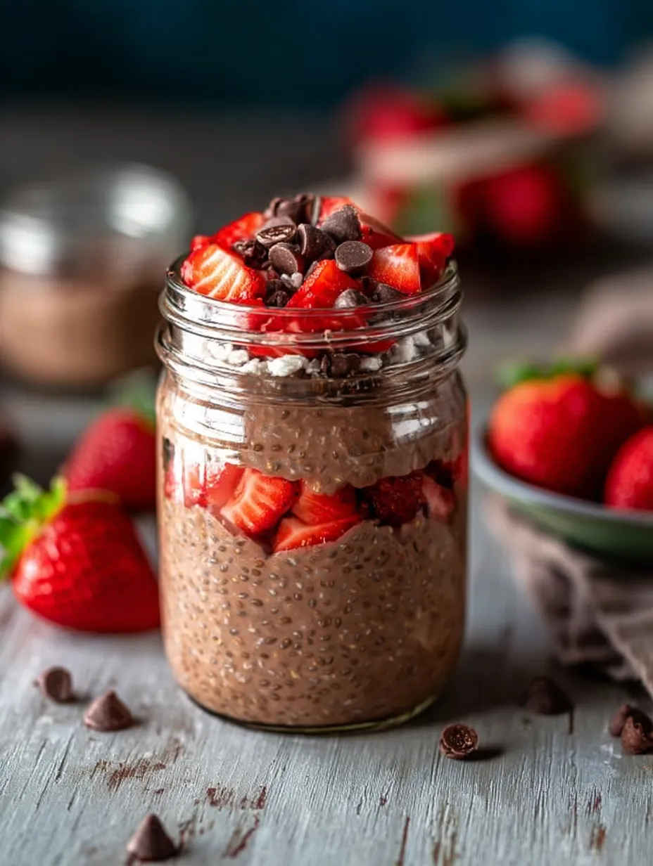 A jar stacked with strawberries and chocolate goodness.