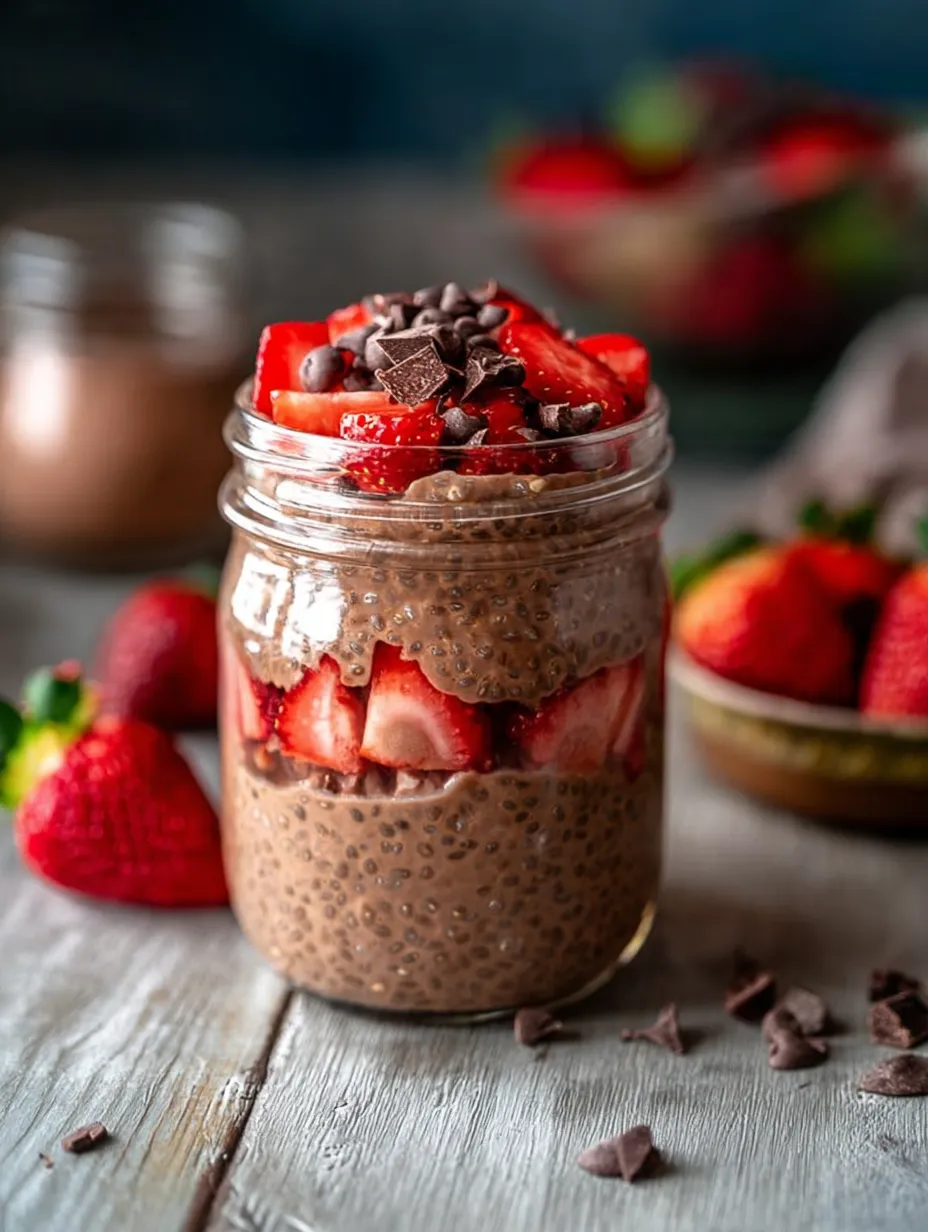 A jar full of chocolate, strawberries, and creamy oats.