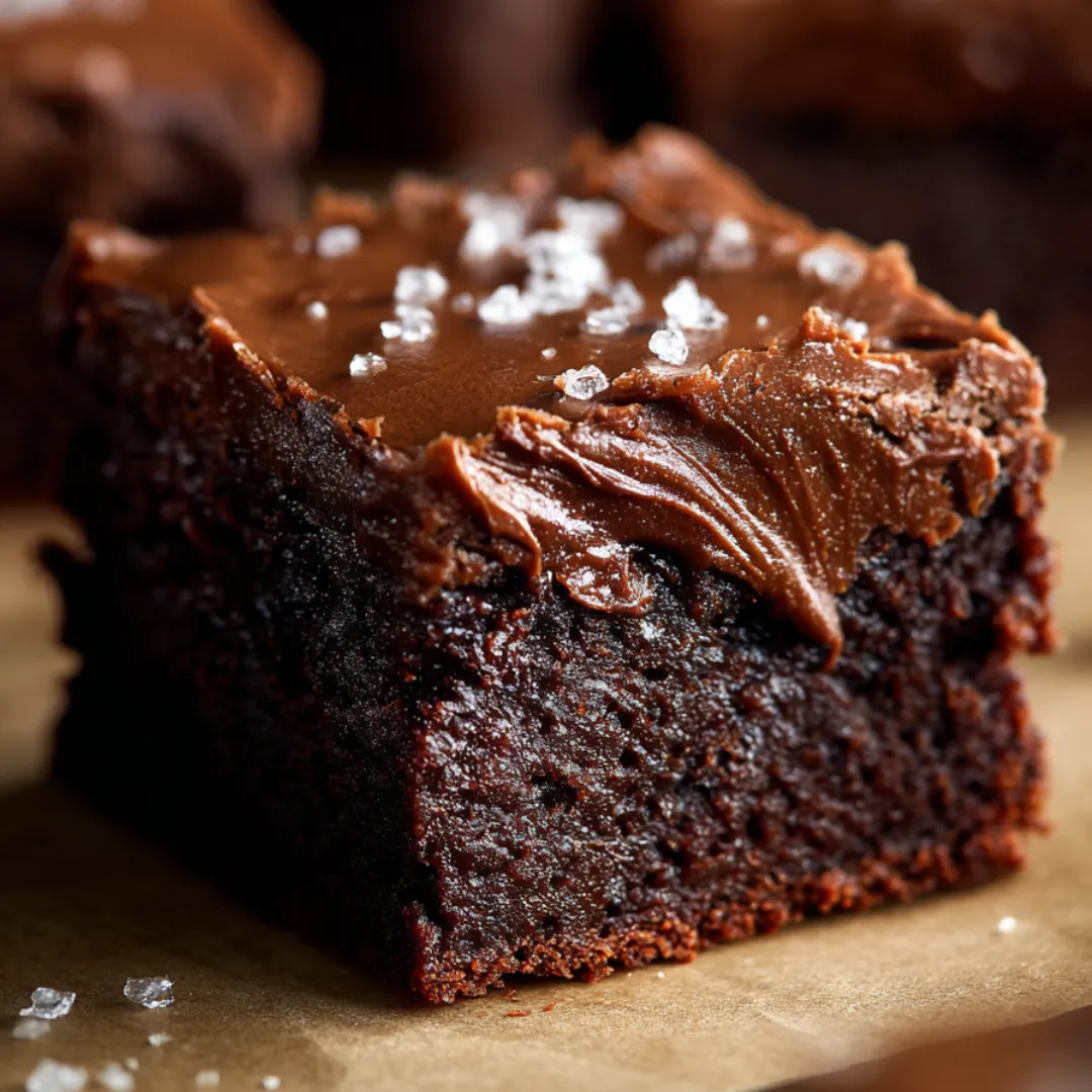 A piece of chocolate cake with creamy chocolate frosting.