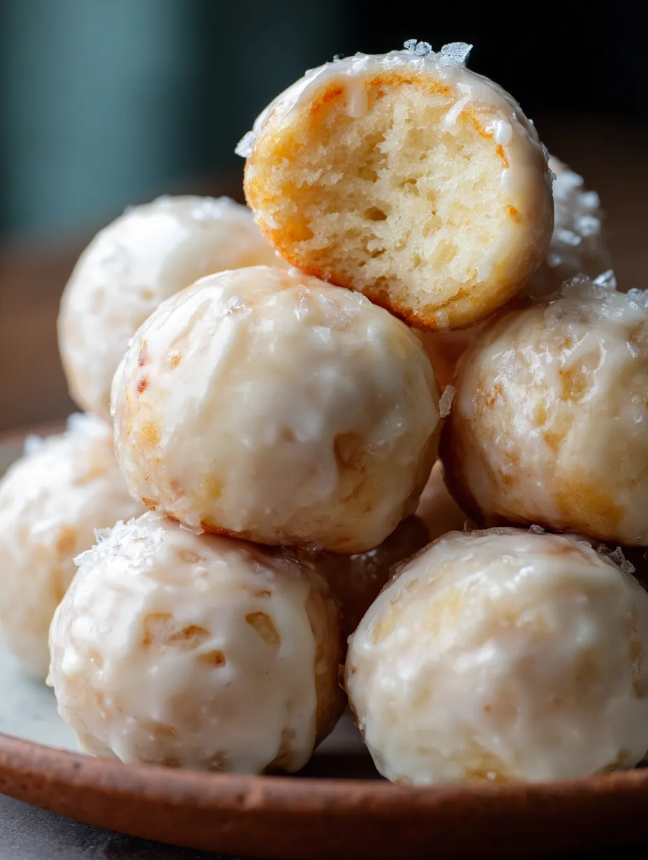 Donut holes stacked, one with a bite taken out showing the fluffy inside.