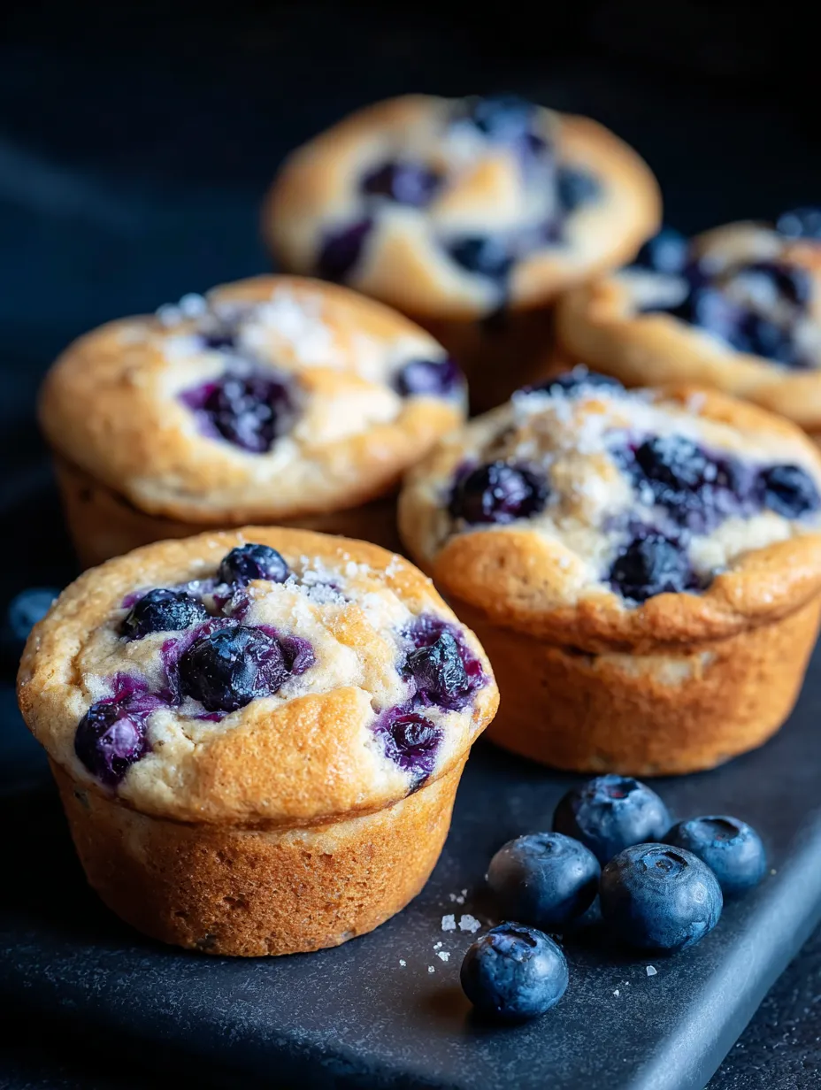 Blueberry muffins piled on a plate.
