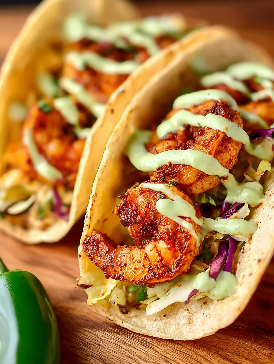 Two tacos packed with shrimp and creamy topping.