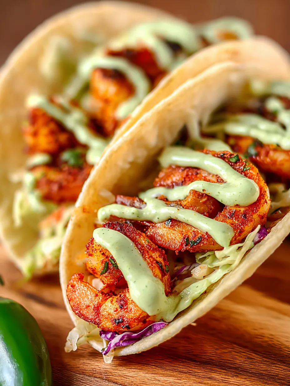Two tacos filled with meat and a generous swirl of sauce.