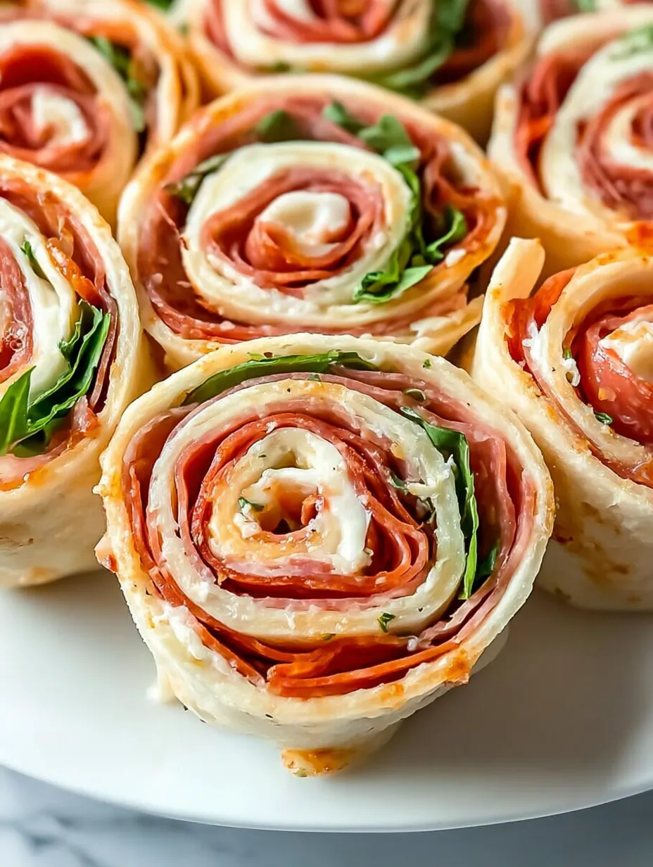 A plate with rolled sandwiches and small bites.