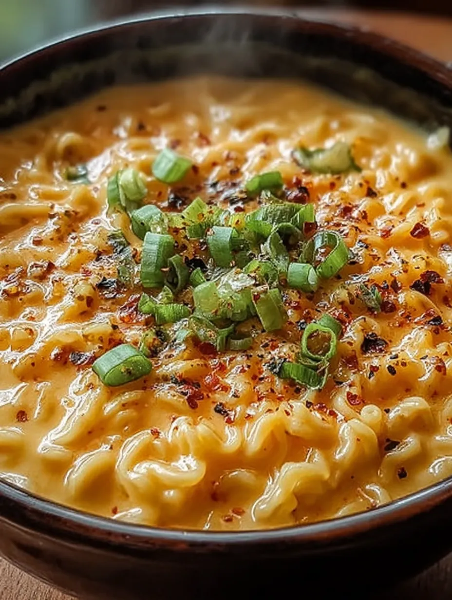 A bowl filled with soup sprinkled with green onions and chili flakes.