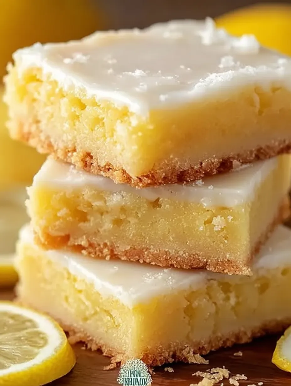 Three pieces of lemon cake stacked up together.