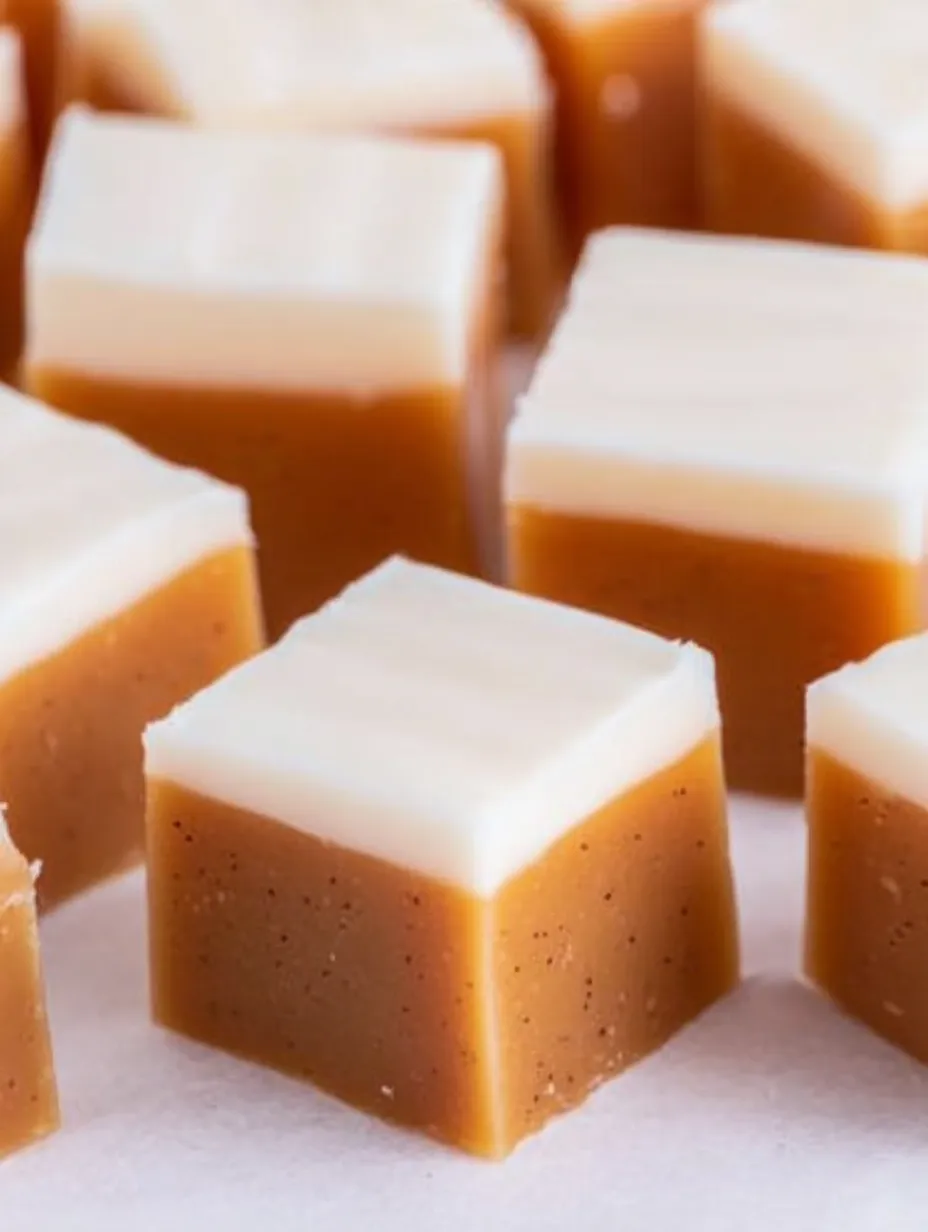 A fudge square with a white and caramel-colored top.
