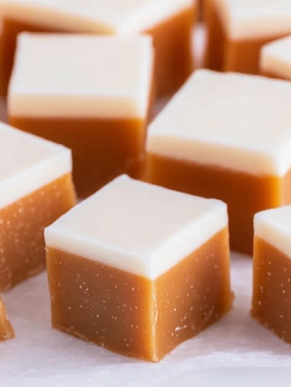 A piece of fudge with brown and white layers.