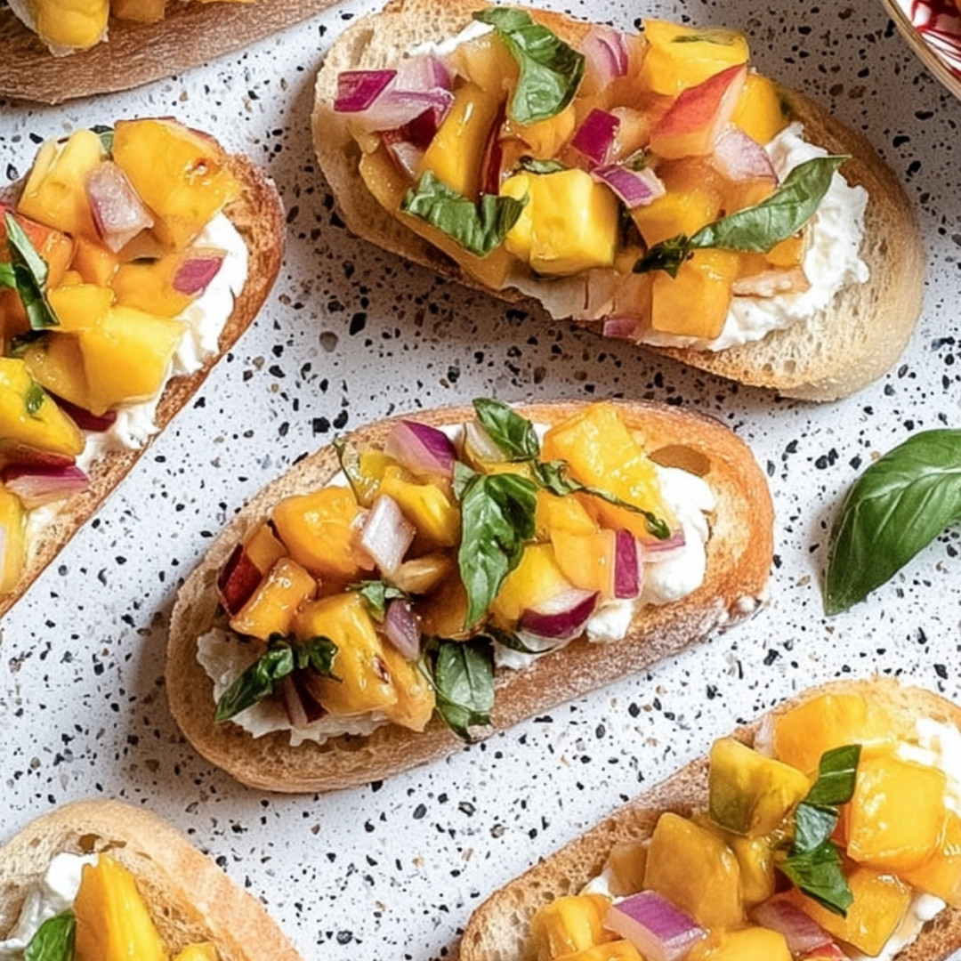 Some toasts piled with fruit and cheese on a plate.