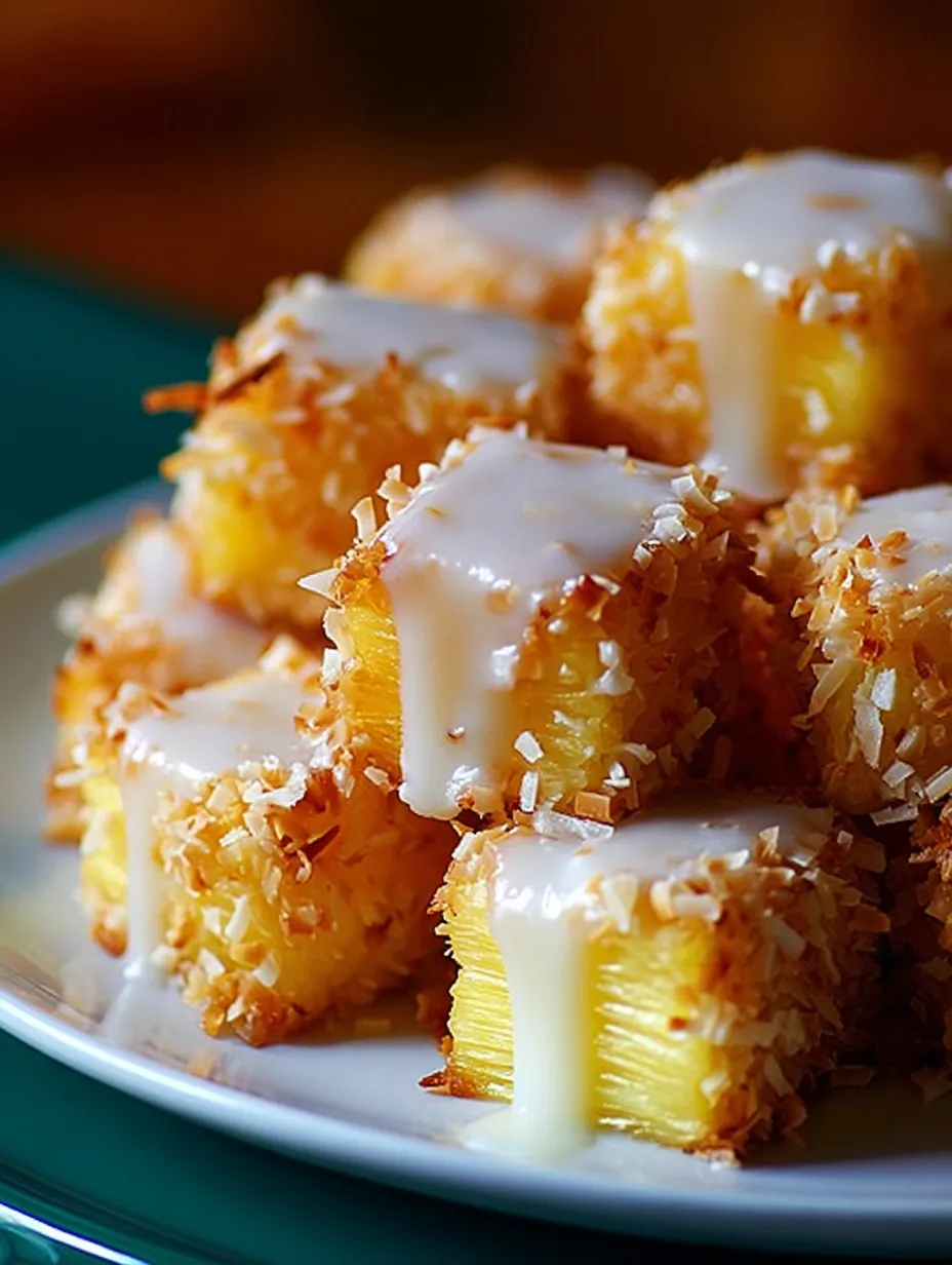 Bright plate of pineapple coconut bites swirled with white sauce on top.