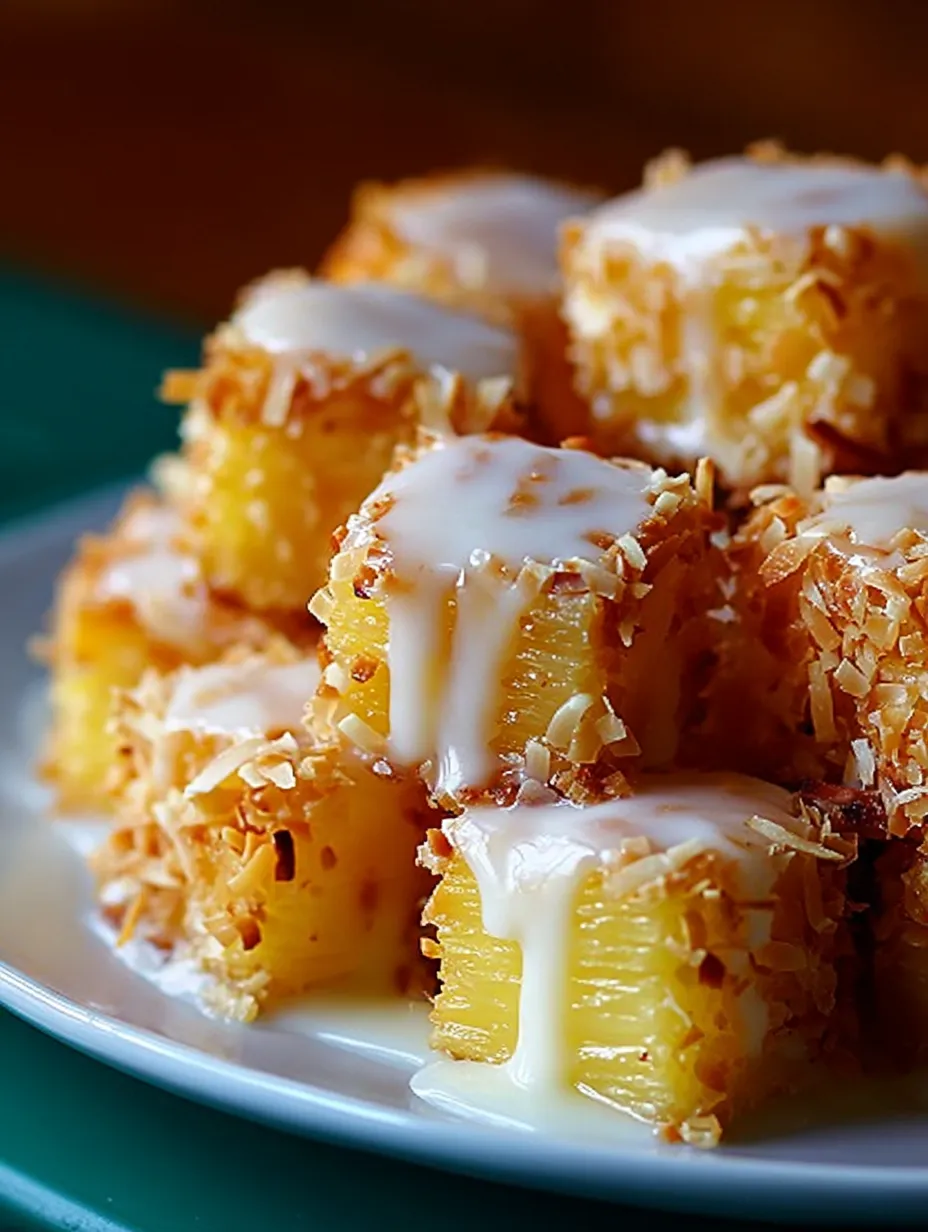 Plate piled high with coconut-covered pineapple bites and white icing drizzle.