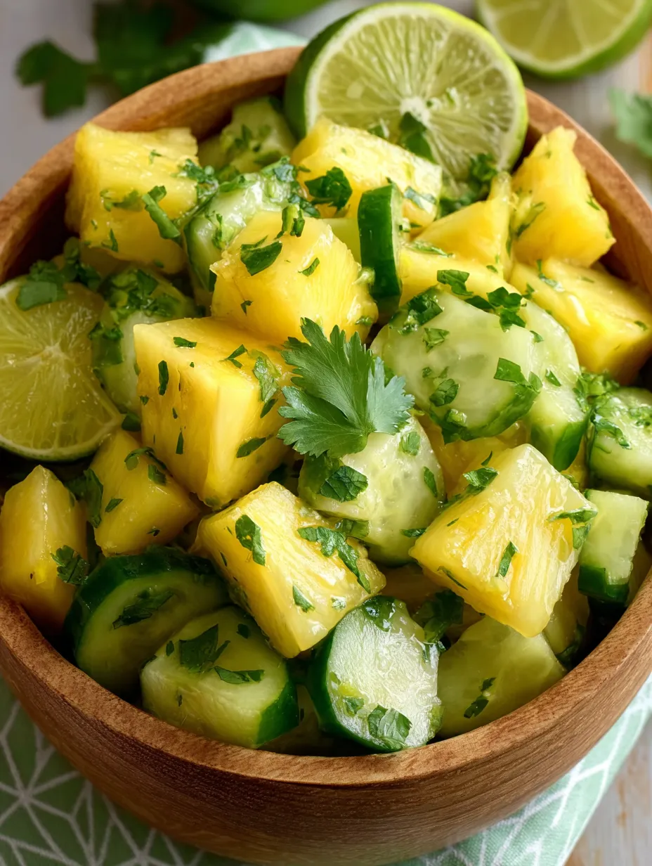 Bright salad with cucumber, lime, and pineapple in a bowl.