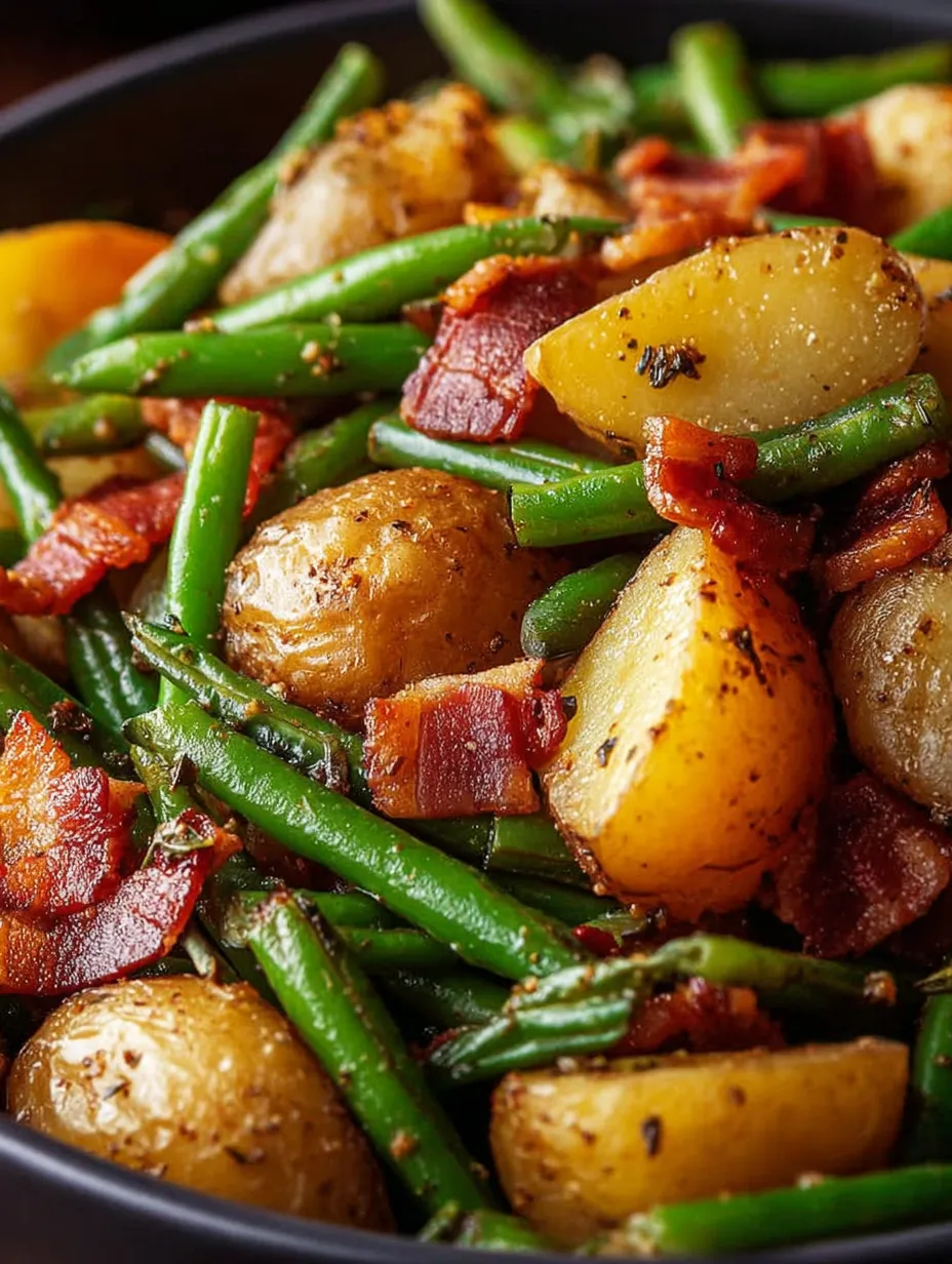 Bacon and potatoes on a plate.