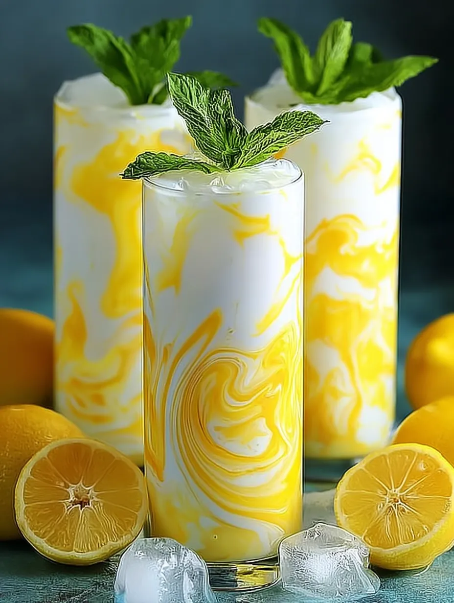 Two bright yellow-and-white drinks garnished with lemon slices.