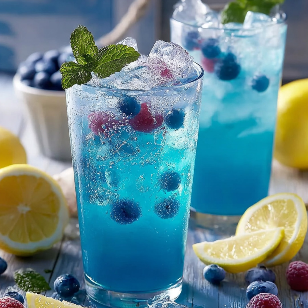 Blue lemonade in a glass with blueberries and a few mint leaves.
