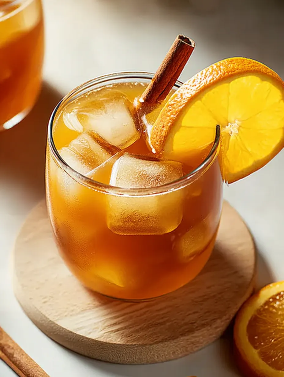 Orange tea in a glass with a juicy slice of orange.