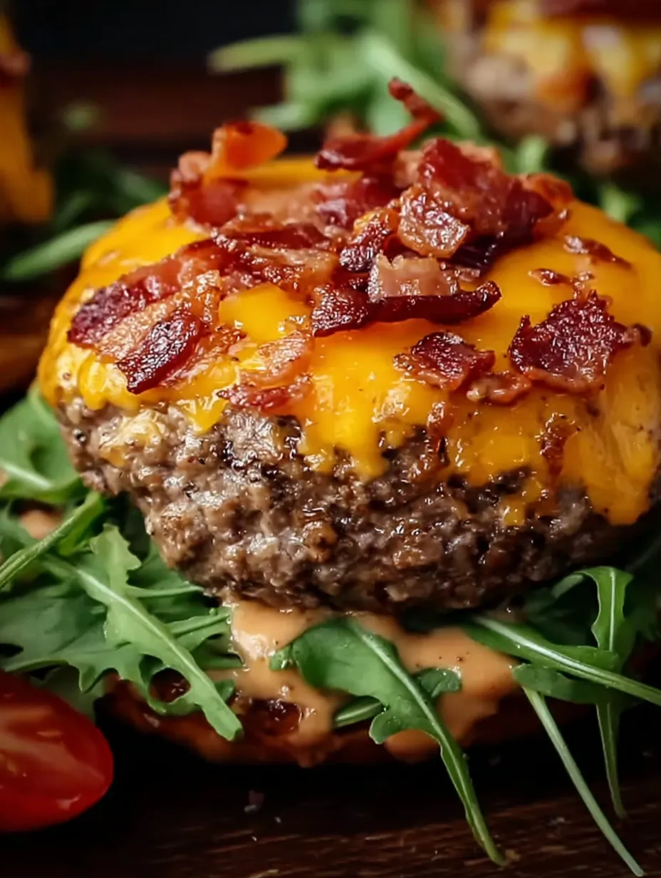 A burger stacked with lettuce and bacon.