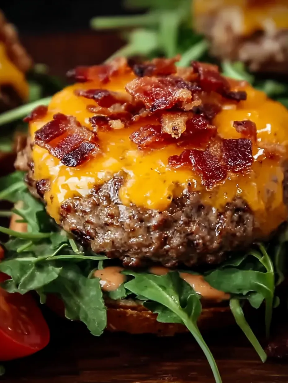 A burger with lots of cheese and bacon bits.