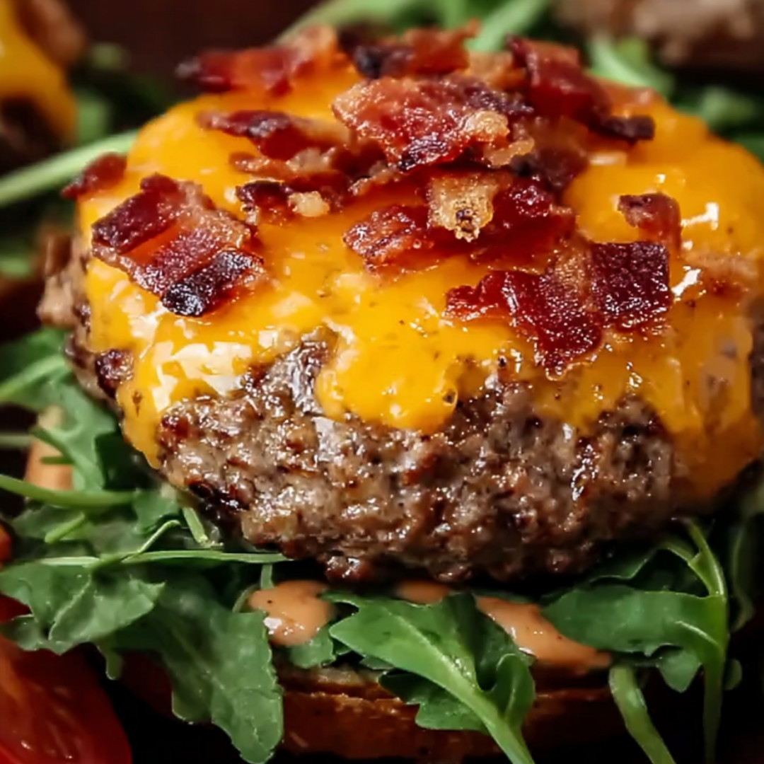 Burger loaded with bacon and melted cheddar on a fluffy bun.