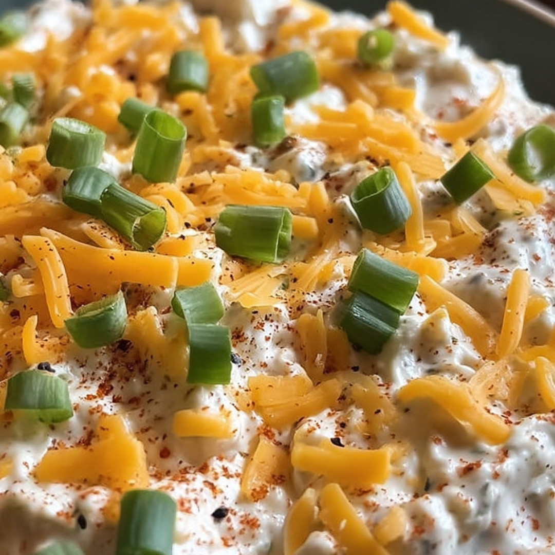 Cheesy party dip topped with green onions, ready for snacking.