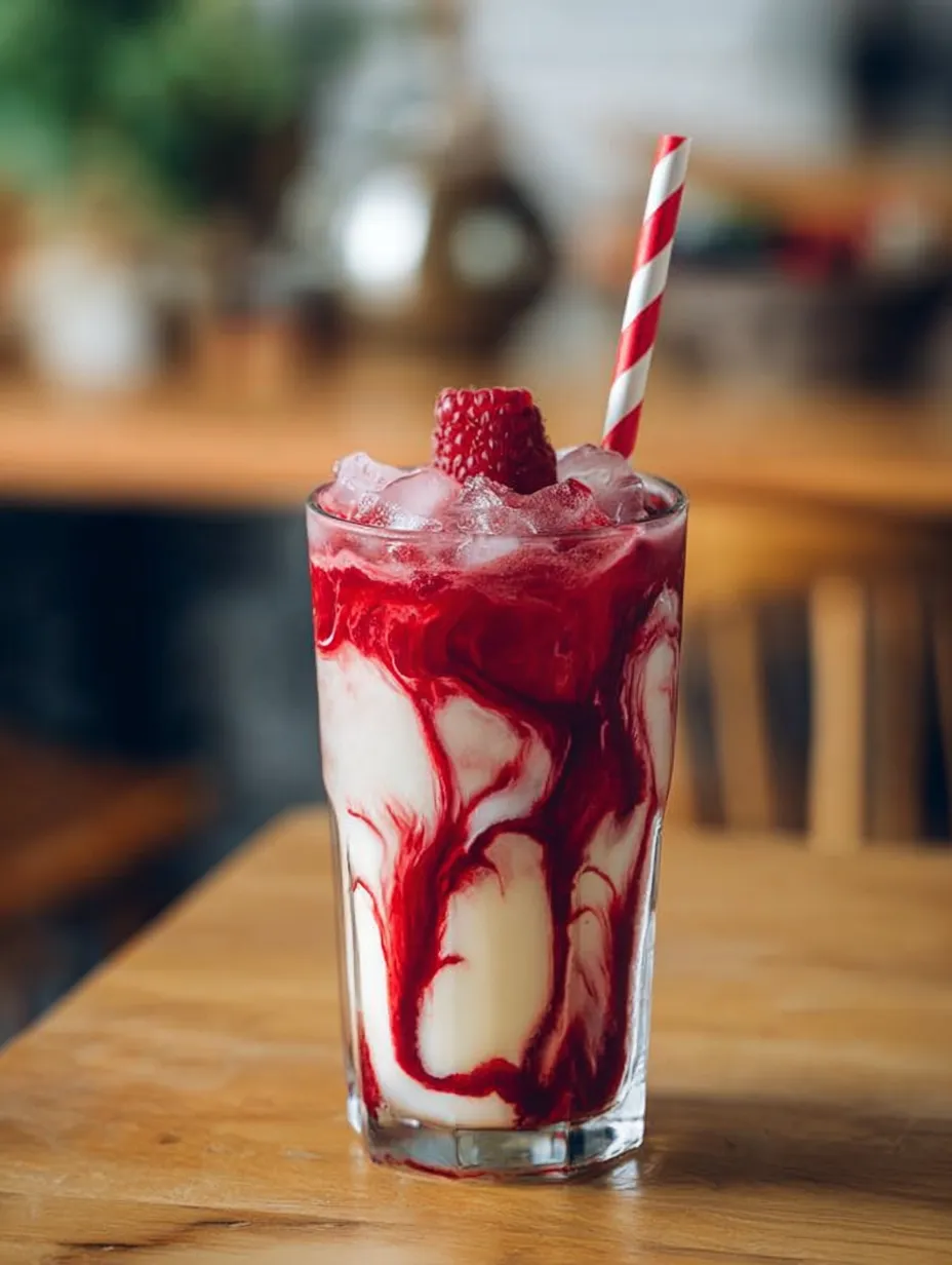 A tall glass full of bright red raspberry soda and a straw.
