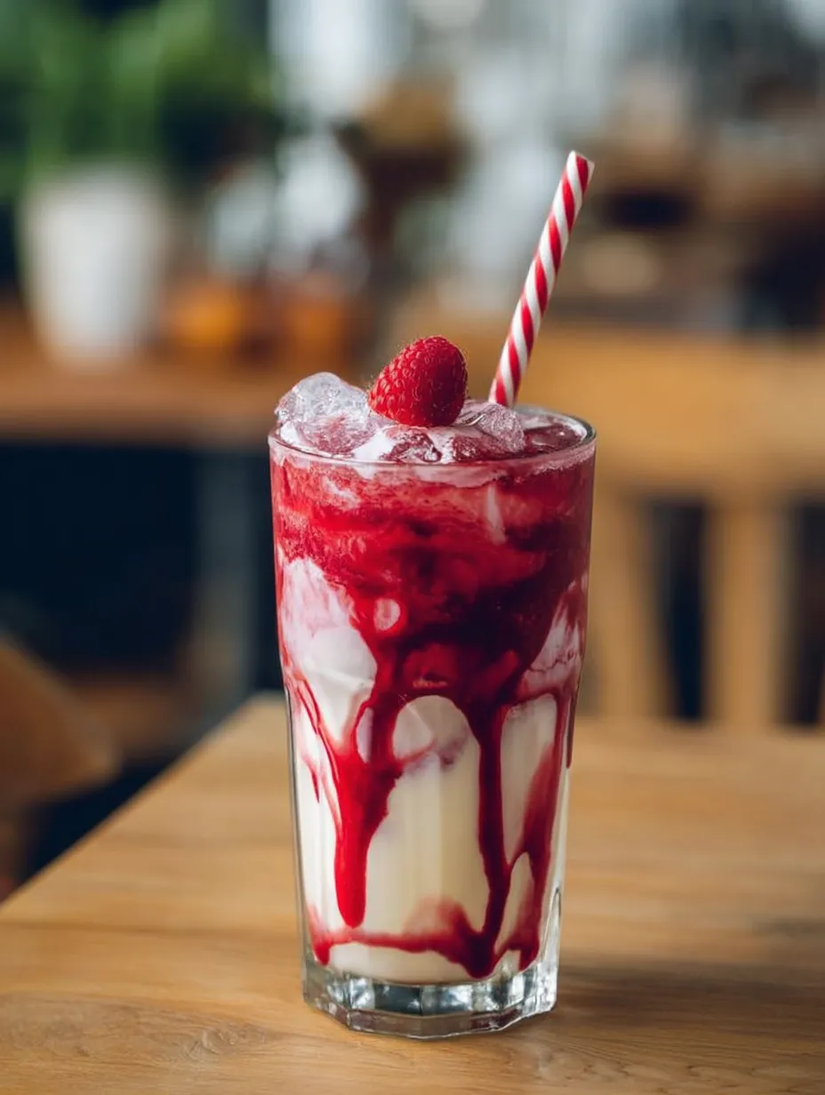 A glass filled with bright red soda and a fun straw.
