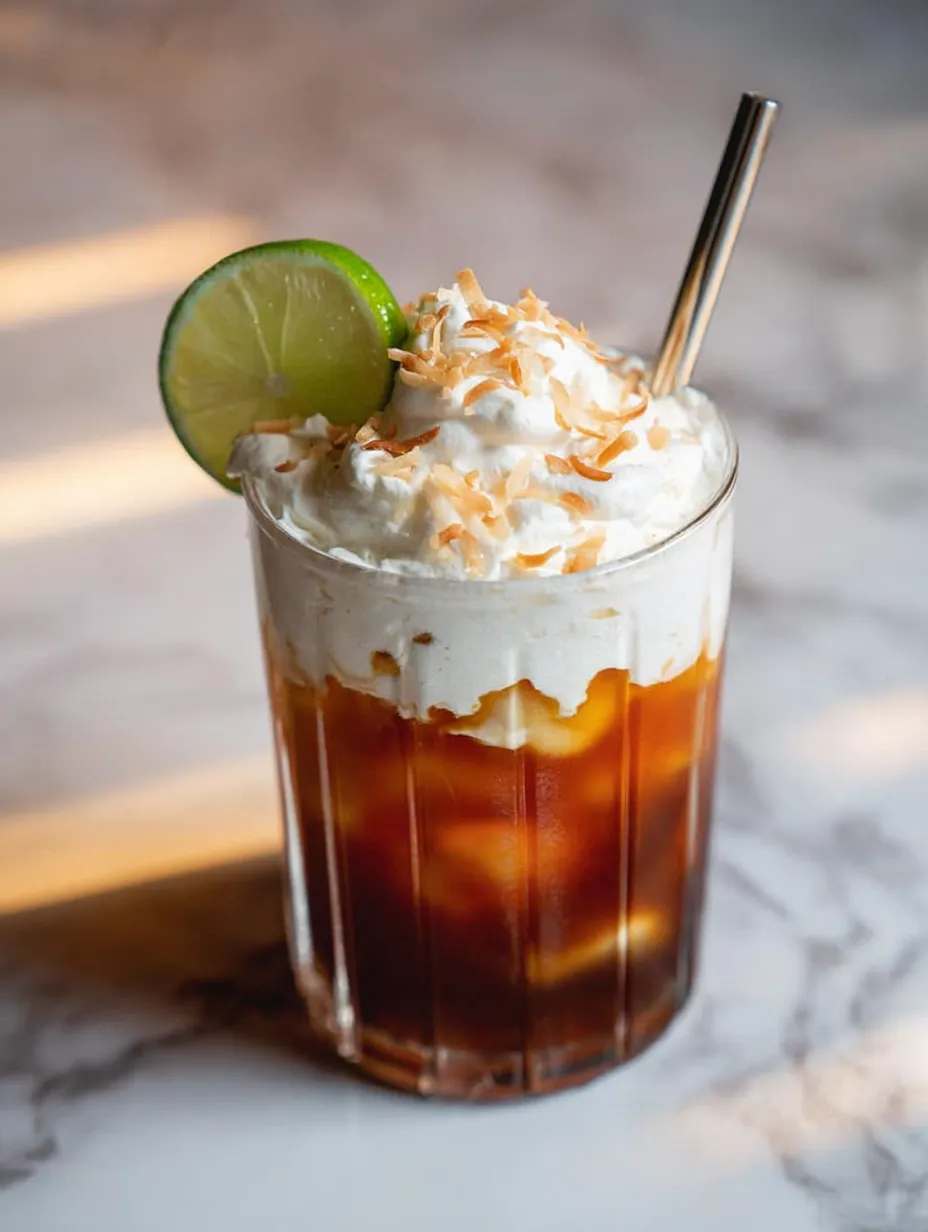 A glass of coconut milk with a lime wedge on top.