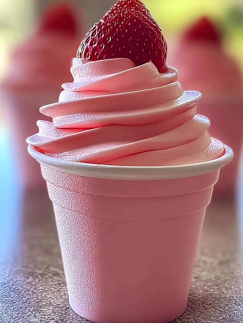 A pink cup with a strawberry on top.
